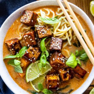 Spicy Sweet Potato Noodle Soup with Crispy Tofu